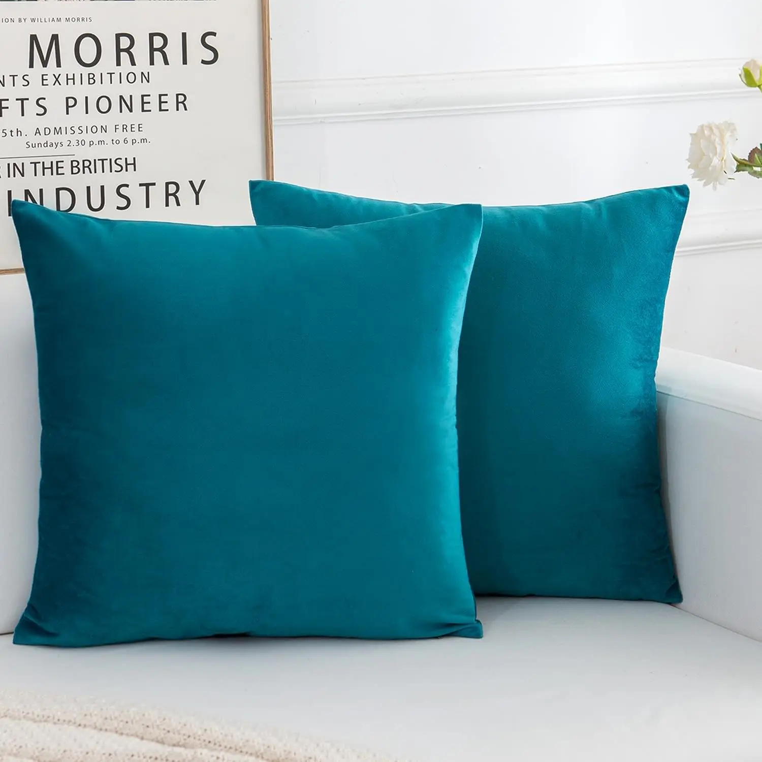 18x18 in Teal Velvet Decorative Throw Pillow Covers - Set of 2 Home Textile Soft Cases for Living Room Couch, Bed