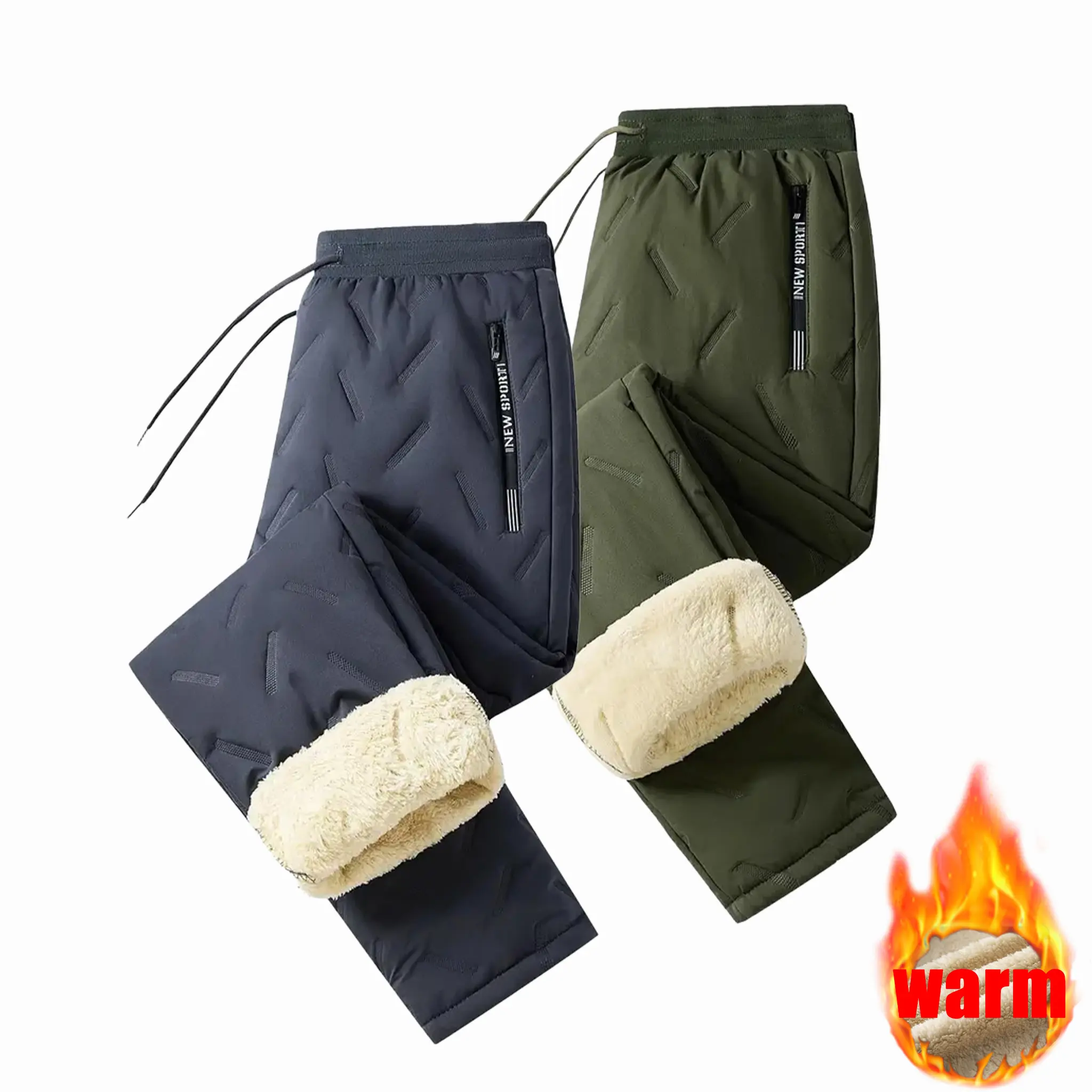 1/2 Men’s Lamb Fleece Lined Insulated Snow Pants, Thick Warm Windproof Cold Resistant Outdoor Sports Casual Trousers, Drawstring Elastic Waist With Zipper Pockets, Plain Loose Fit Machine Washable Thermal Pants For Skiing Hiking Daily Winter Wear
