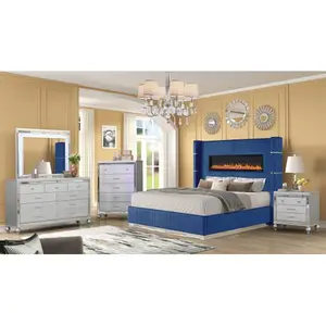 Modern Style Upholstery King 5 Piece(Includes: King Size Bed, Nightstand, Chest of Drawers, Dresser, and Mirror) Fireplace Bedroom Set made with wood Springtok