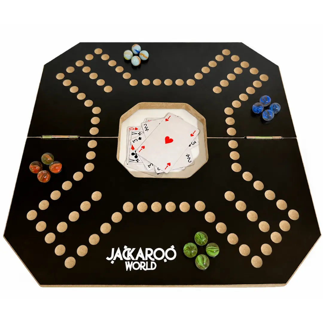 Jackaroo World Jackaroo Board Game 2-4 Player Cards and Marbles Board Game - Marble Chase Game - Wooden Board Foldable and Open in The Middle