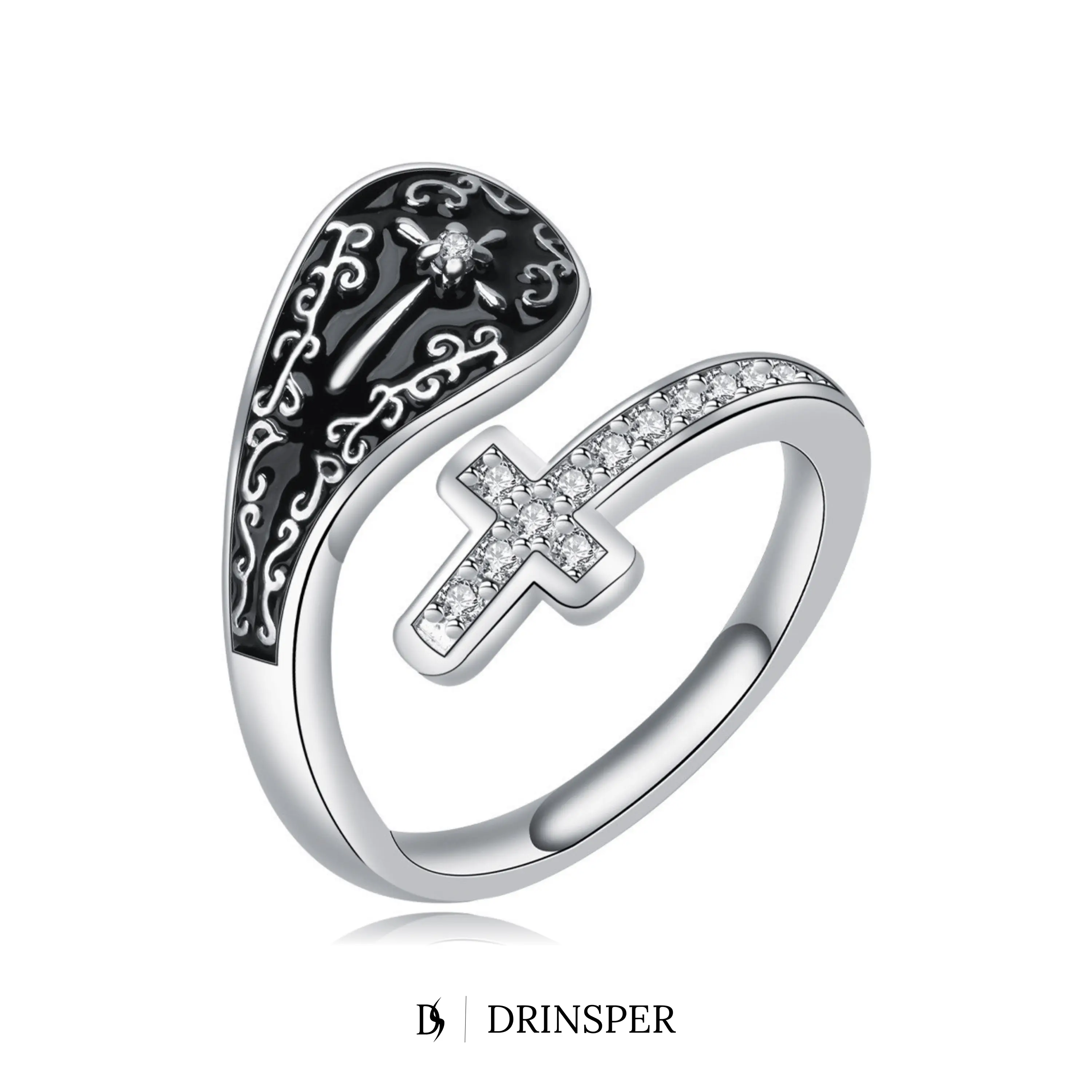 DRINSPER Silver-Plated Copper Cubic Zirconia Cross & Angel Wing Open Ring - Cross Embellished, Crucifix Motif Faith Jewelry for Women, Jesus-Inspired Statement Gift for Church, Christmas, Baptism, Cubic Zirconia Rings, Cross Embellished Rings