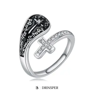 DRINSPER Cubic Zirconia Cross & Angel Wing Faith Christian Open Ring for Women Men, Silver Plated Copper Statement Ring, Jesus Inspired Religious Jewelry Gift for Prayer, Church, Easter, Christmas, Birthday, Baptism, Confirmation, Mother's Day