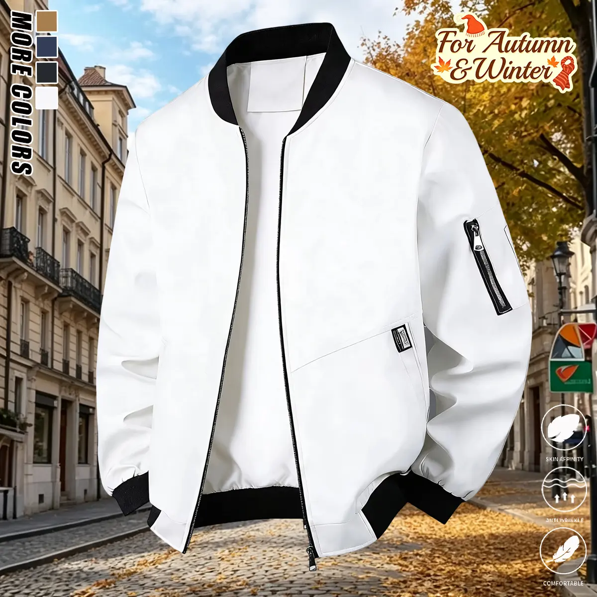 Men’s baseball jacket, stand collar zip-up outerwear with side zipper pockets, available in multiple colors, suitable for everyday commuting and street wear, light business-casual style, men’s workwear jacket.