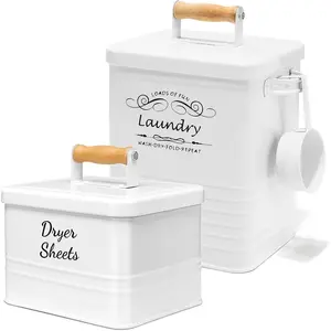 SSTATES Laundry Room Organization Set, Metal Laundry Detergent Pods Container and Dryer Sheet Holder with Lid, Laundry Powder Storage Bin with Scoop for Farmhouse Decor, (2 Pack, White)