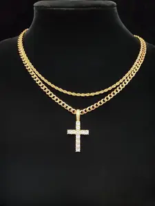 2025 hip hop twist chain necklace and rhinestone cross pendant necklace, birthday gift, stainless steel matching necklace jewelry, back to school accessories, beautiful exquisite hop jewelry
