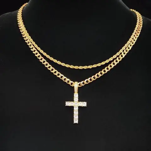 2025 Men's Stainless Steel 2-Piece Jewelry Set: Hip Hop Twist Chain, Rhinestone Cross Pendant Statement Necklace, Birthday Gift Fashion Accessory for Men's Jewelry (Steel Resists Daily Wear)