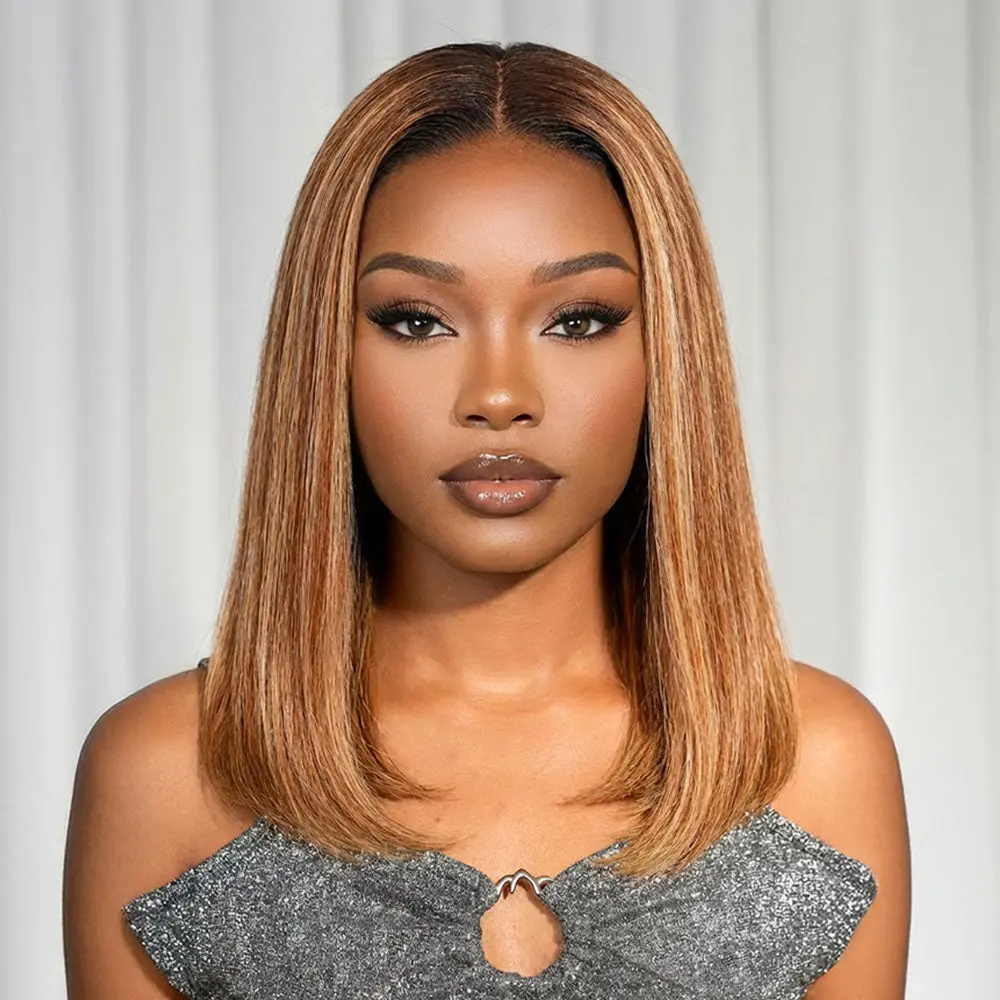 Megalook 13x6 Three-Go Highlight Honey Blonde Glueless Straight Bob Wig 250% Density Beginner Friendly