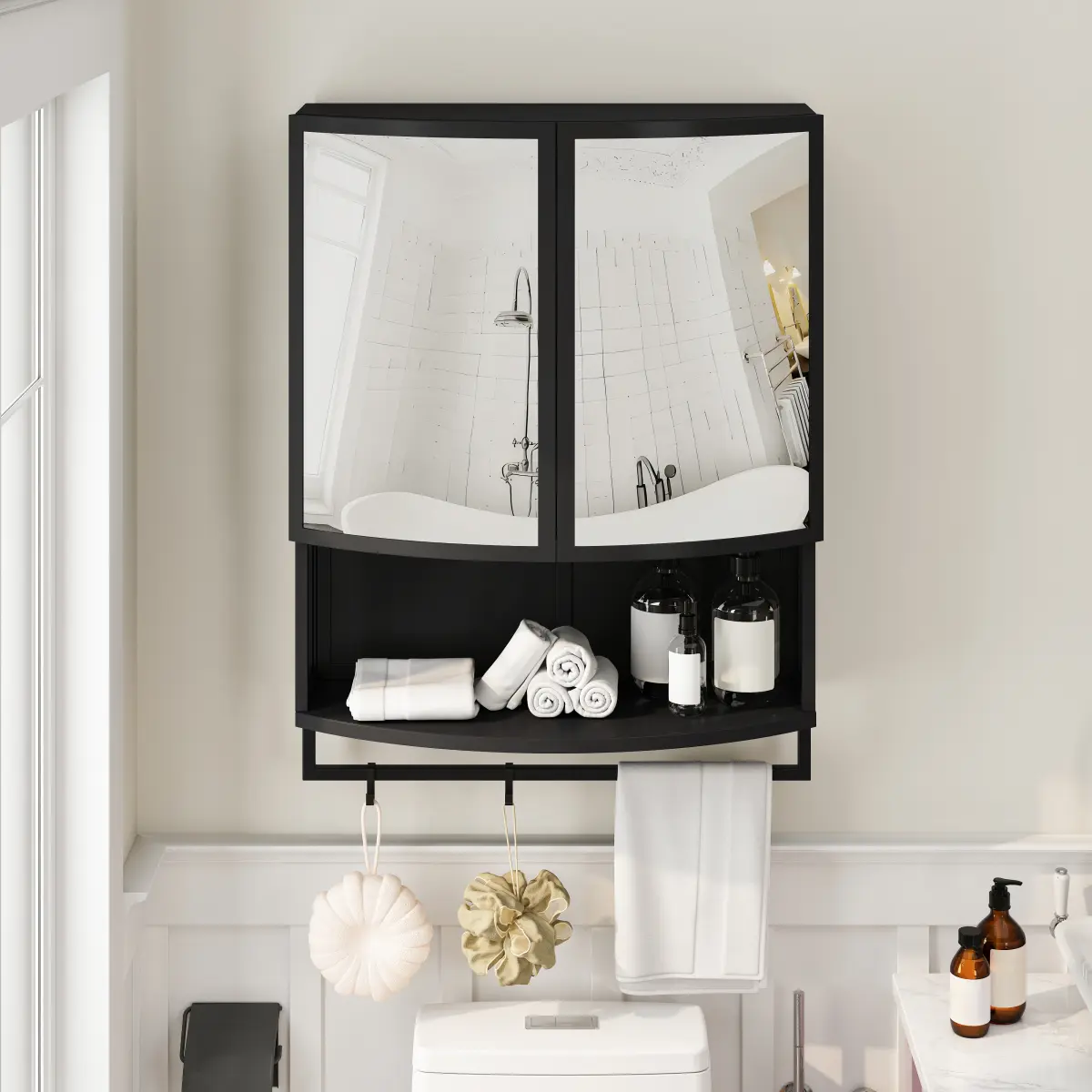 Cast Iron Arched Glass Double-Door Wardrobe - 23.62"l*8.85"w*31.5"h,23.80 lbs, Curved Frame, Shatterproof Mirror, Double-Layer Storage, Open Shelf, Towel Rack, Wall-Mounted Cabinet, Assembly Required, Color Options Available for Entryway,Bathroom, Arched