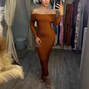 Off-the-Shoulder Ribbed Bodycon Dress in Burnt Orange with Long Sleeves and High Heels Womenswear Minimalist