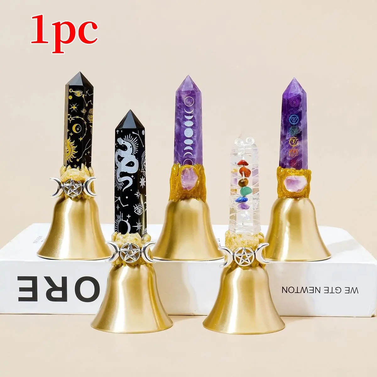 1Pc Crystal Point Brass Bell, Chakra Healing & Energy Cleansing, Amethyst Wand Witch Bell, Home Decor, Spiritual & Christmas Gift, Hand-Selected Crystal