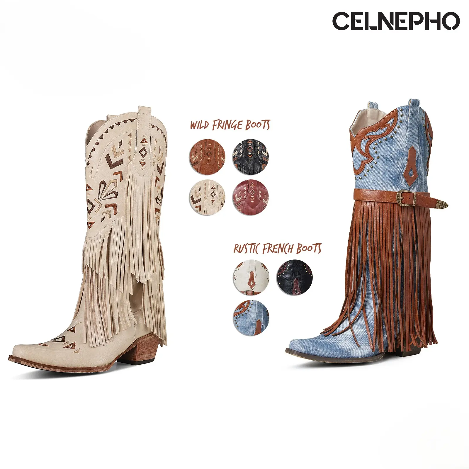 CELNEPHO Womens Cowboy Boots Pointed Toe Chunky Block Heel Western Fringe Mid Calf Boot Classic Tassel Embroidered Design Easy Pull on Gifts Country Wedding Party Concert Outdoor Festival Trendy Fashion Cowgirl Shoes