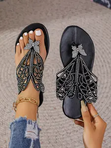 Elegant Rhinestone Butterfly Sandals, French Style Open Toe Flat Slippers, Versatile Outdoor Wear, Comfortable Summer Footwear