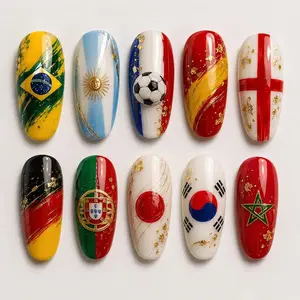 Countries Flag Press On Nails 3D International Soccer Football Championship Ball Gold Foil