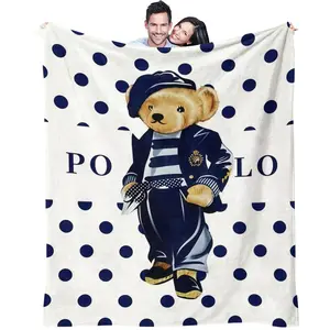 Vintage French Polka Dot Polo Bear Print Blanket, Preppy Style, Ultra Soft Warm Cozy Throw for Bedroom Sofa & Home Decor