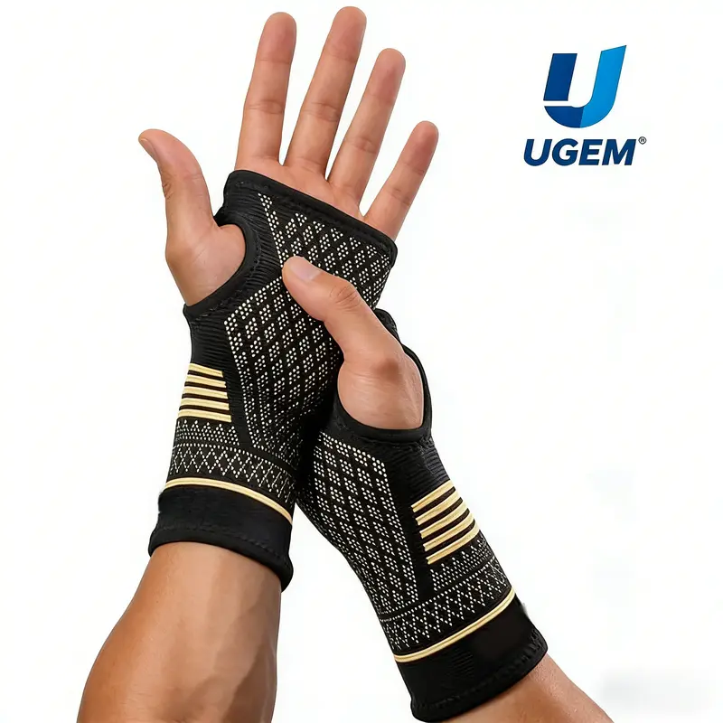 UGEM Copper Polyester Fiber Compression Wrist Support Sleeves (2 Pack, M, Black) - Carpal Tunnel Relief, Outdoor Training Aid, High Support Active Recovery Hand Wraps Protective Gear
