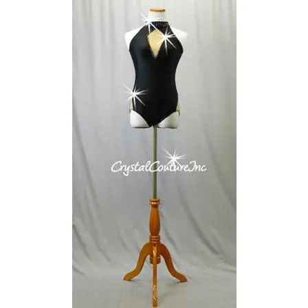 Black Lycra Leotard with Nude Mesh Insets and Open Back - Swarovski Rhinestones