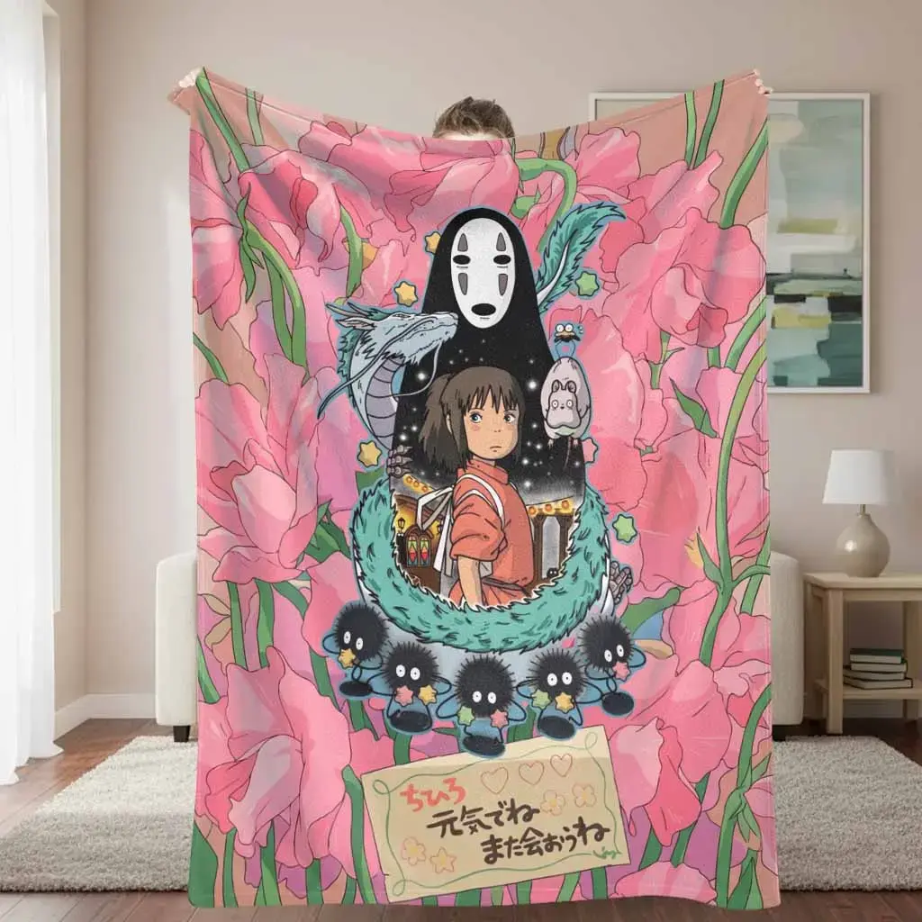 Spirited Away Plush Flannel Blanket, No Face & Chihiro Fujino Print, Ultra Soft Lightweight Breathable Anime-Themed Graphic Character-Inspired Whimsical Cartoon Blanket for Sofa, Gifting, Home Decor, Cozy Plush Bedding for Couch Bed