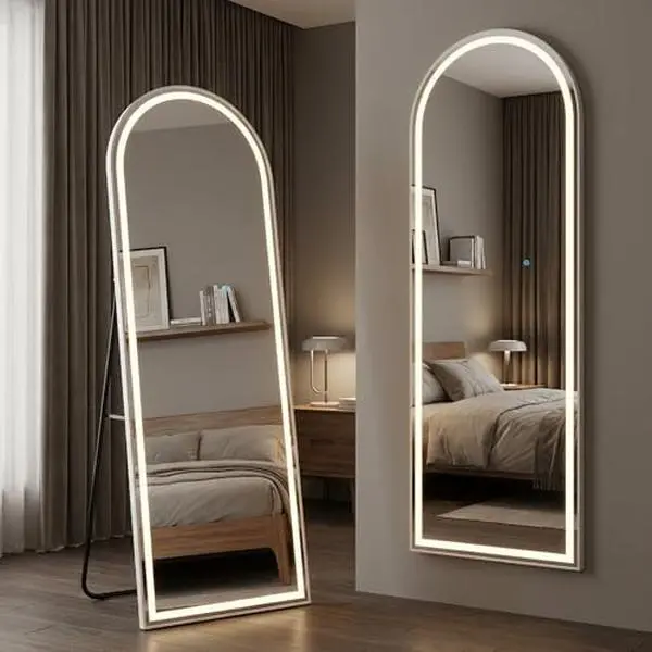 Large Arched Full Length Mirror with LED Light Tempered Glass Floor Mirror for Bedroom Entryway Closet Dressing Room