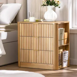 HAUOMS Fluted Nightstand with Charging Station, Modern Nightstand with 3 Drawers, End Table with Side Storage Shelves, Bedside Table for Bedroom, 4 Solid Wood Legs,Curved Profile Design