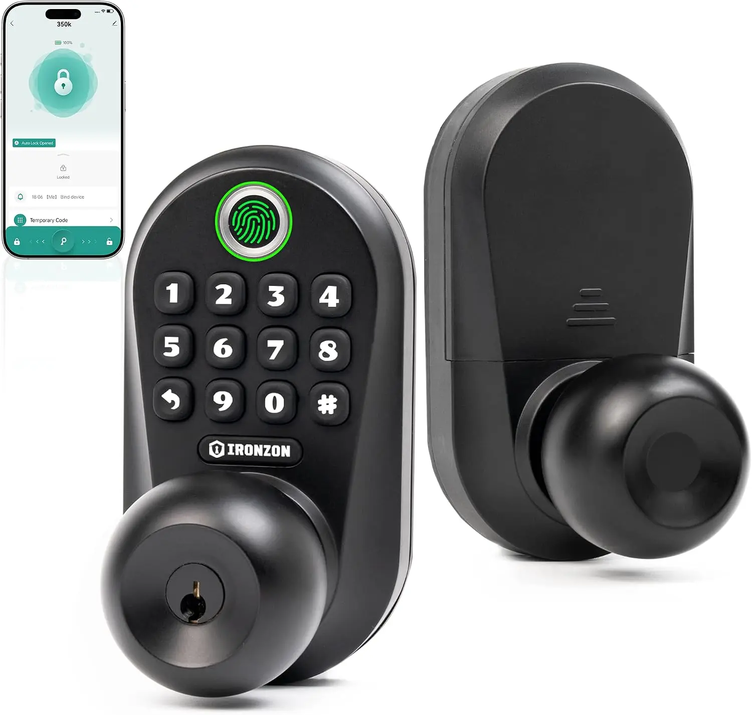 IRONZON 350K 5-in-1 Keypad Smart Fingerprint Door Knob | Keyless Entry Door Knob for Bedroom, Fingerprint Front Door Lock Battery Operated, Auto Lock, Easy Install - Black