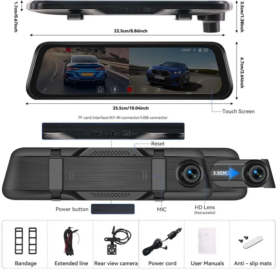 YUN YAO Mirror Dash Cam 10 inches 1080P Rear View Mirror Camera with HD Front and 4-LED Backup Camera, IPS Touch Screen, Night Vision, Wide Angle, Loop Recording, Parking Assist