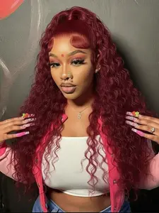 26-Inch Soft Natural 99j Wine Lace Front Wig, Natural Looking Wig, 180% Density, Curly Hair, Pre-Plucked, Suitable for Women, Daily Use