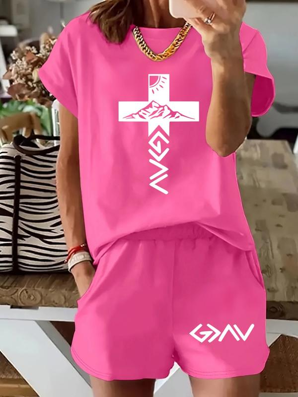 Cross Mountain Scene Spring Summer Casual Set, Faith Element Natural Landscape Design, Light Trendy Relaxed Fit Women's Clothing