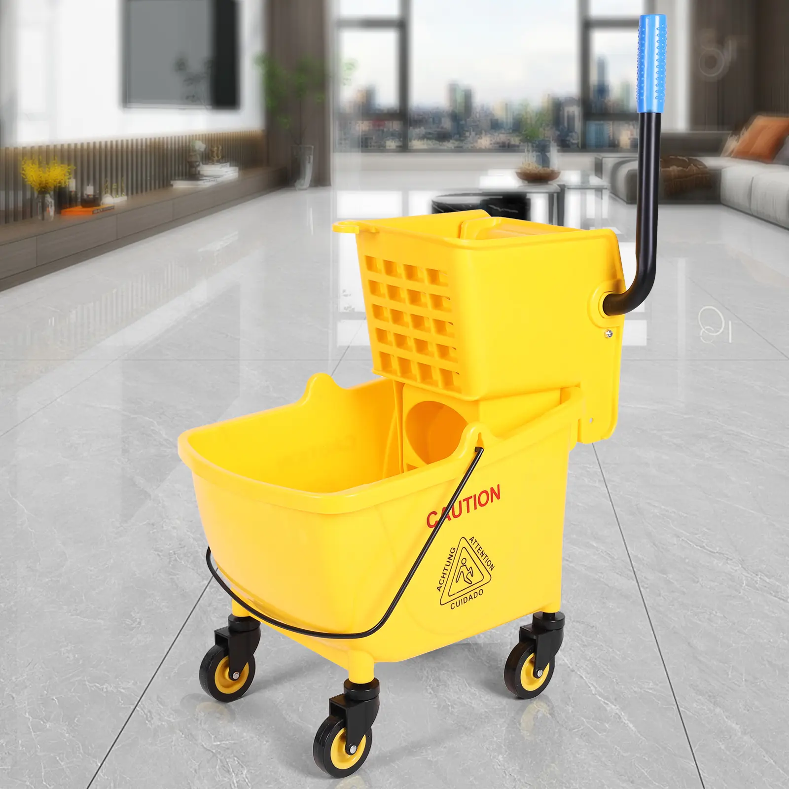 24L Plastic+Metal Sturdy Wear-Resistant Mop Bucket Set with Metal Wringer, Rotatable Multifunctional Trolley, 39x34x85cm Size, Rubber-Cotton-Yarn Components, High-Visibility Anti-Slip Enhanced Safety Floor Cleaning Tool for Commercial/Home Use
