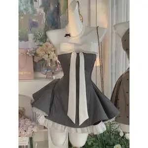 y2k Vintage Elegant Woman Dress Strapless Bow Patchwork High Waist Puffy Mini Dress Female French Chic Sexy Outfits 2025 Summer New