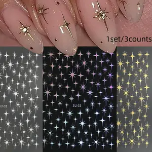 3pcs 3D Metal Laser Star Nail Stickers Set, DIY French Manicure Decorations, Perfect for Women & Girls, Easy Nail Art Supplies, Nail Art Design