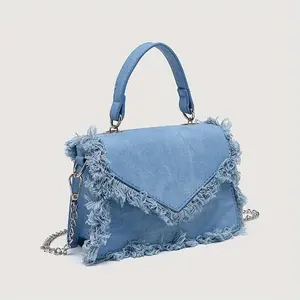 Retro Style Mini Denim Shoulder Bag for Women, Sky Blue Casual Satchel with Tassel Ornament, Magnetic Buckle Chain Strap Daily Commute Purse