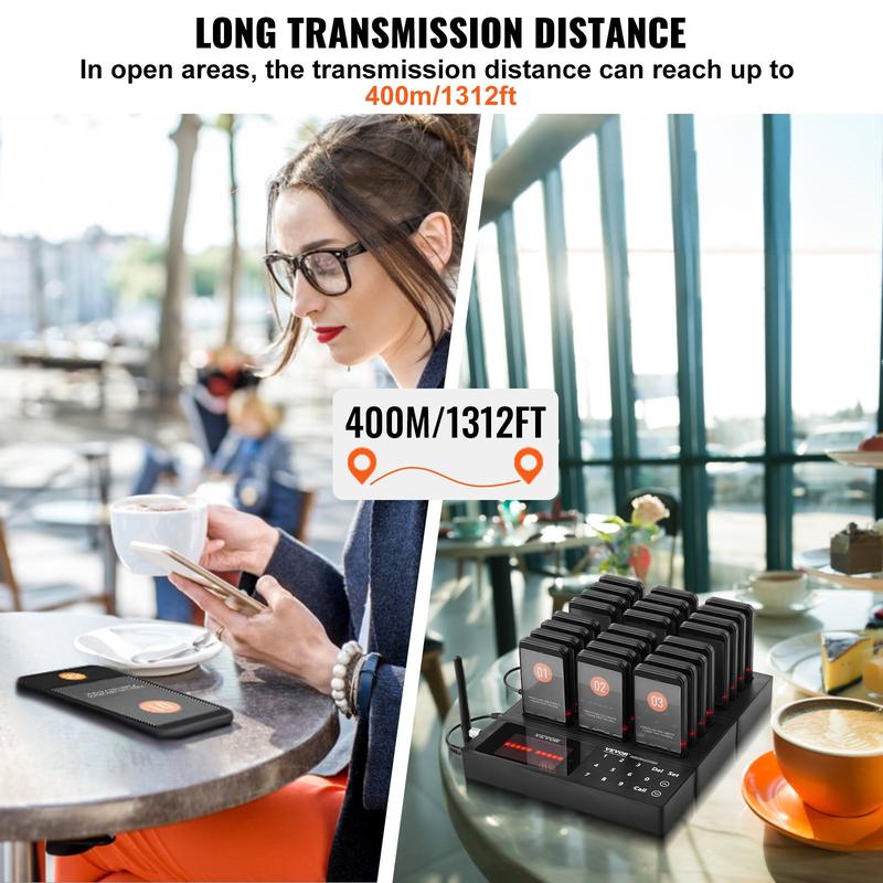 VEVOR Restaurant Pager System, Wireless 400m Long Range Lineup Waiting Queue Signal, Guest Customer Calling Beepers with Vibration & Flashing, 24 Buzzers for Food Truck, Church, Nursery, Hospital