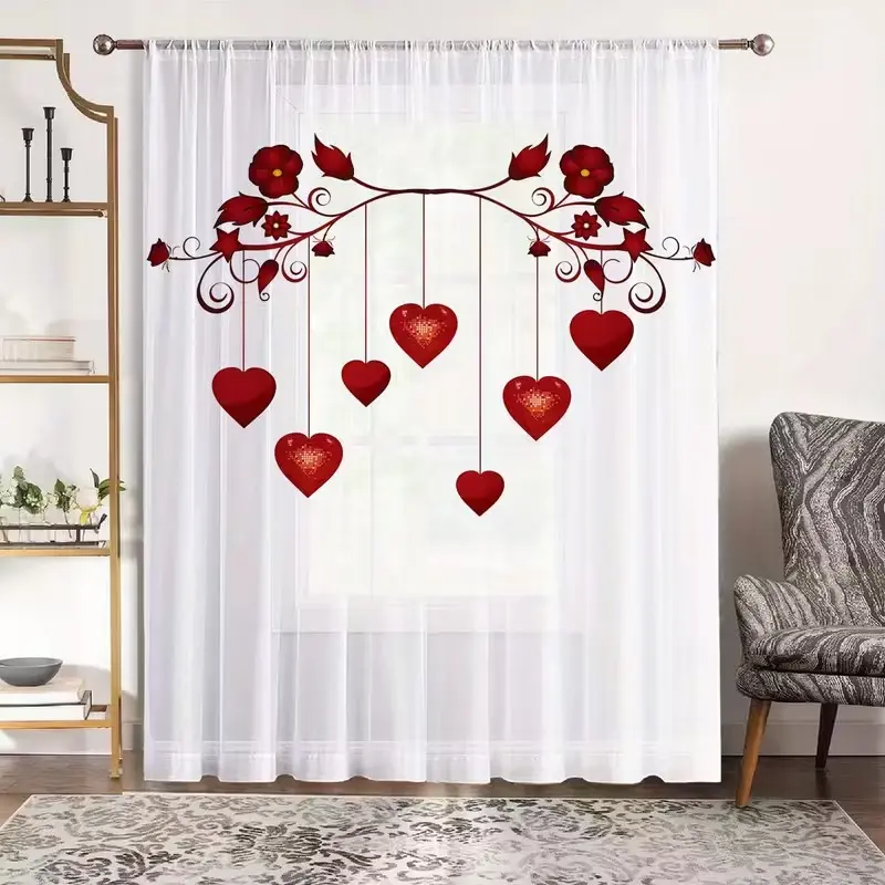 2pcs Heart Blurred Sweet 3D Digital Print Curtains, Living Room Bedroom Balcony Study Decorative Sheer Window Shades