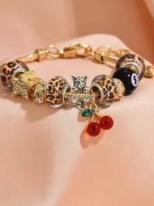 Women's Leopard Print Ball Pendant Bracelet, Rhinestone Snake Bone Chain, Vintage Punk Style Party Daily Wear Jewelry