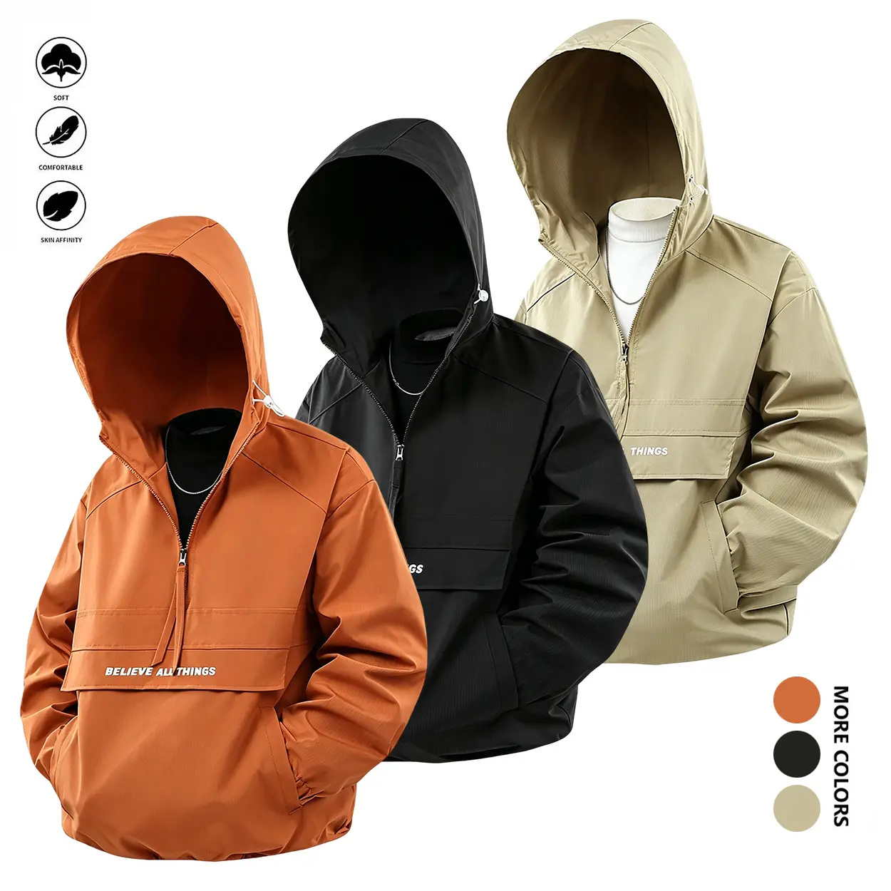Unisex Half‑Zip Hooded Anorak‑Style Pullover Sweatshirt, Wind‑Resistant Outerwear Jacket Top, Large Kangaroo Pocket, Drawstring Hood, Loose Drop‑Shoulder Fit, Lightweight Outdoor Casual Couple‑Style Pullover Top