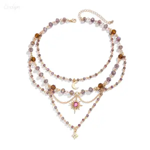 Gold-Tone Layered Celestial Necklace, 3-Tier Beaded Stack with Sun, Moon & Star Pendants, Boho Jewelry for Festivals & Everyday Wear