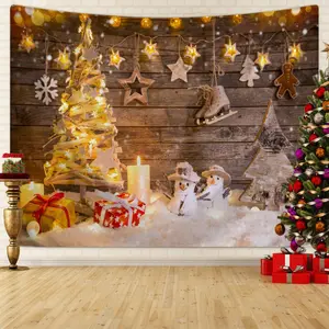 Christmas Themed Tapestry, Snow Scene Wooden Style Photography Background Cloth, Winter Christmas Happy New Year Tapestry