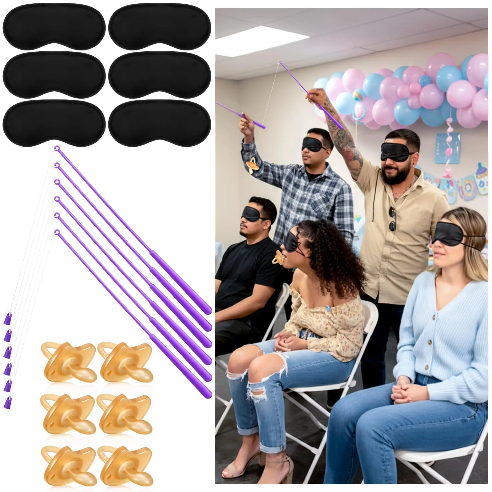 6 Set Purple Baby Shower Games Fishing The Pacifier Blindfolds Feeding Games Funny Baby Shower Gender Reveal Party Game Bridal Showers for Guest Party(Pacifier Is Not Magnetic) (Classic)
