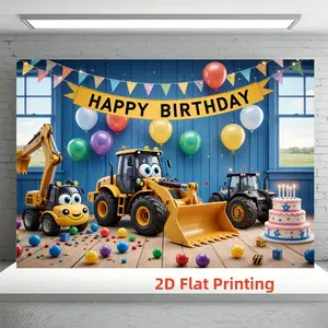 Boys' Construction Truck Theme Birthday Party Background Cloth, Excavator Bulldozer Cartoon Design, Vibrant Colors, Easy to Use, Perfect for Kids Parties