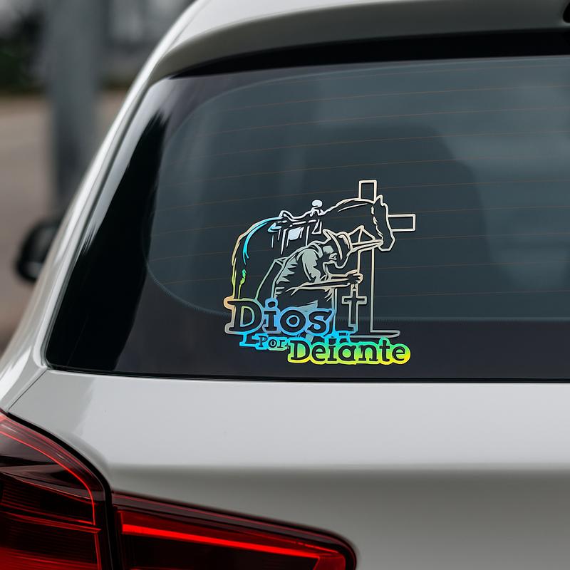 2Pcs Cowboy Dios por Delante Religious Holographic Car Decal - High Definition Waterproof Christian Cross Sticker for Laptops Hardhats Bumpers Helmets Cars & Gear, Texan Cowboy Car Sticker