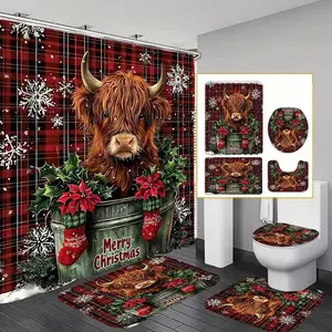 4pcs Christmas red plaid background Highland cattle, exquisite shower curtain set, non-slip floor mat, U-shaped carpet, toilet cover, perfect for bathroom decoration, partition, beautify the space, 12 shower curtain hooks are given