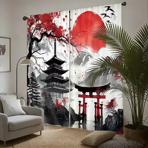 2pcs Creative Japanese Style Sun Bird Shrine Maple Tree Print Curtains, Light Blocking, Polyester Fiber, Kitchen Bedroom Office Living Room Decor