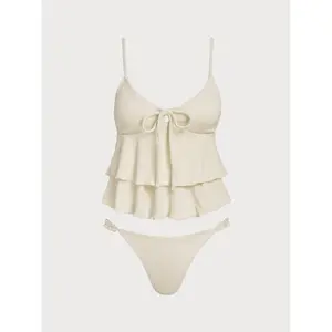 Off White Multi-Layer A-Line Tankini Set Family Style Modest Tankini Loose Upper Body Design Full Coverage Sun Protection Soft Stretch Cloth Ideal For Parent-child Beach Travel Water Entertainment Apparel