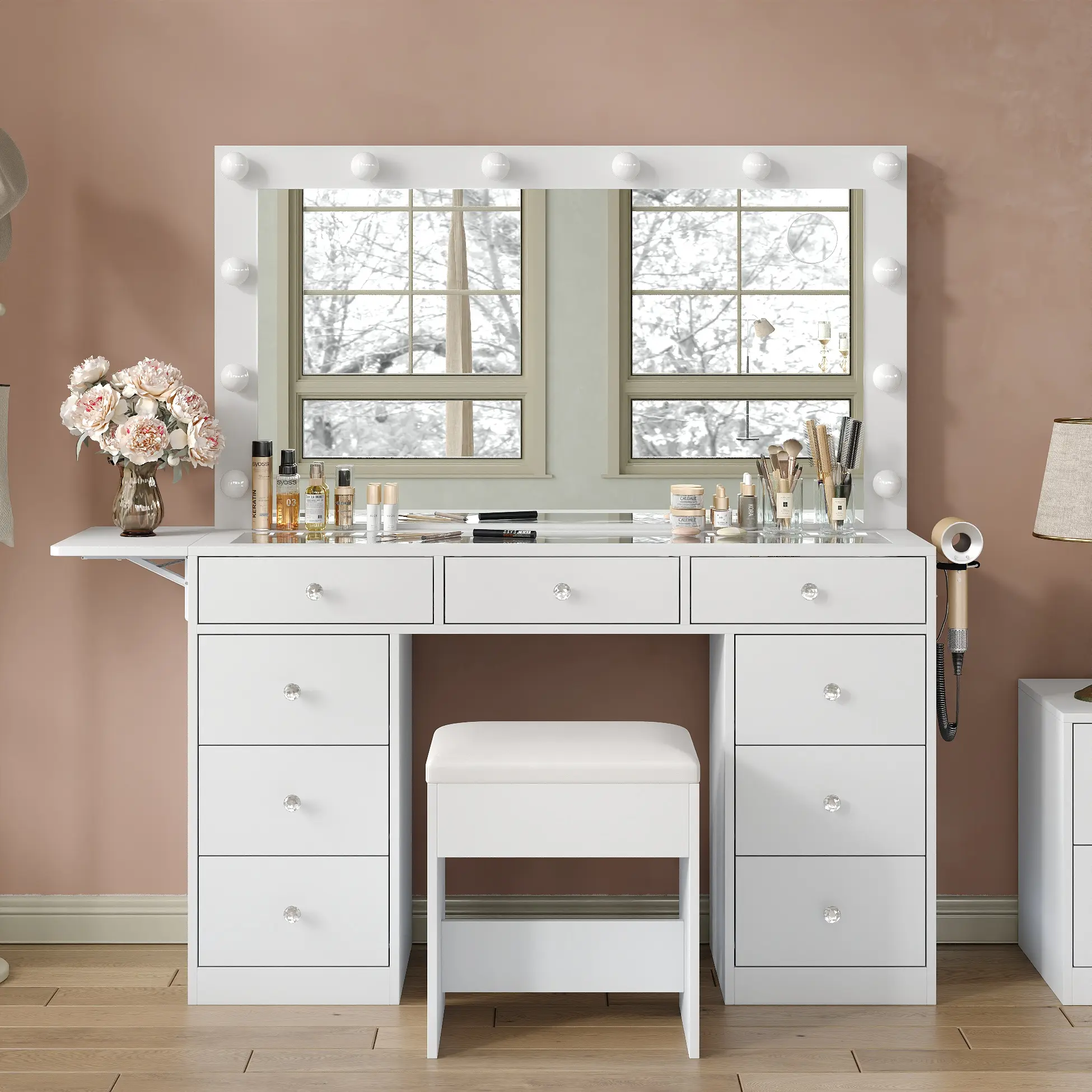 FUSOU 9 Drawers Vanity Set with Fold-up Panel [Shipping By 2 Packages]Vanity Desk with Power Outlet, Makeup Vanity with Lighted Mirror, 3 Lighting Modes Adjustable, Glass Top, Vanity Table with Chair for Bedroom