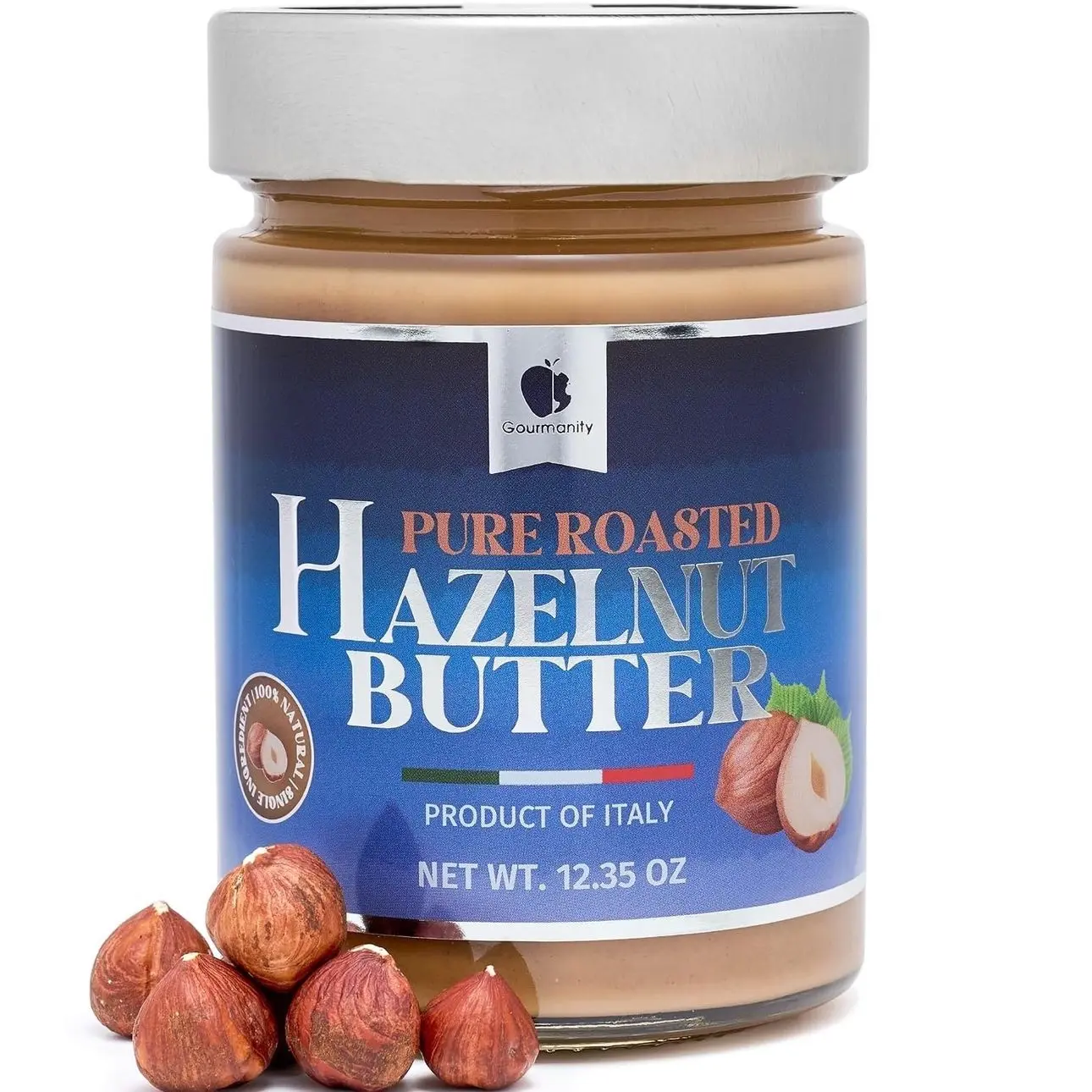 Gourmanity Hazelnut Butter, All Natural Creamy Richness, 1-Ingredient Hazelnut Cream from Italy, Keto and Paleo Friendly, Ideal for Baking and Spreading, Kosher, Halal (12.35oz)