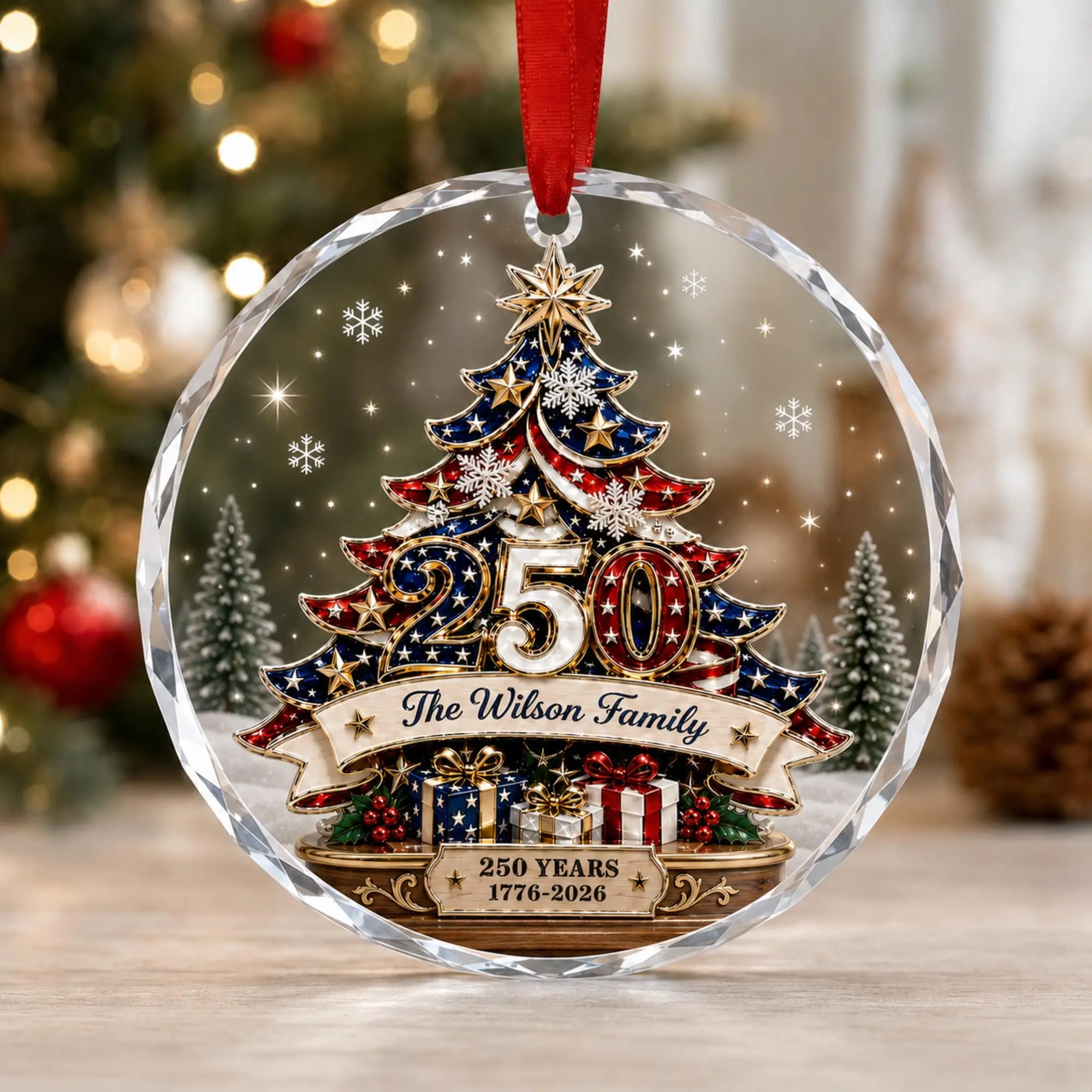Personalized Family Name Christmas Ornament, 250th Anniversary Patriotic USA Gift, Custom Holiday Tree Ornament