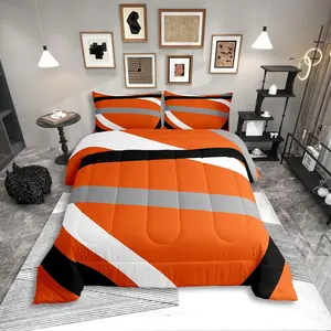 Orange Gray Black Striped Bedding Set,Modern Abstract Comforter Set for Adult Women Men,Geometric Lines Bed Set