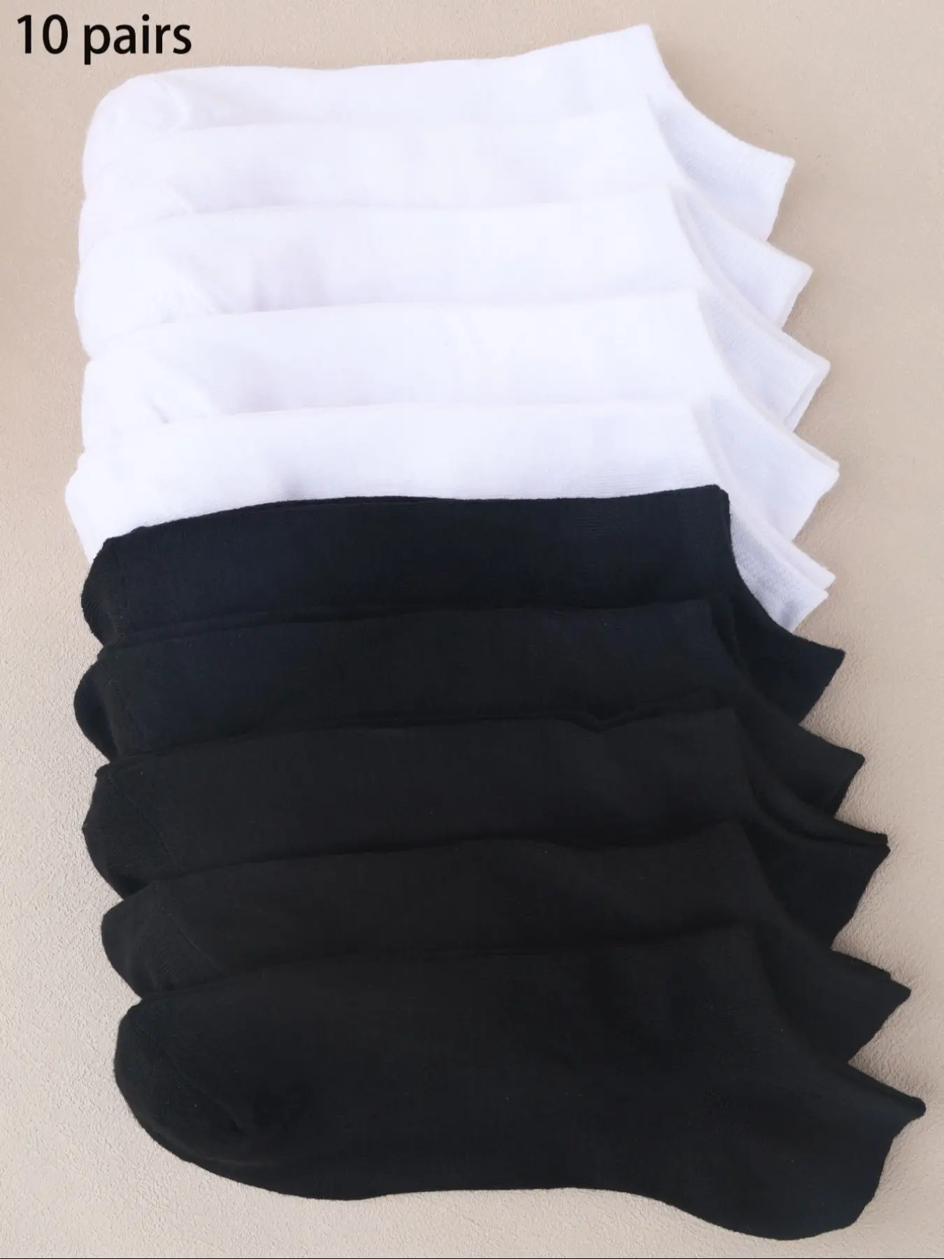 10 pairs, 5 black, 5 white, short socks