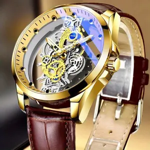 New Golden case Brown Strap Business Men's Quartz Watches Fashion Hollow Luminous Waterproof Watch