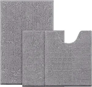 Light Gray Chenille Noodle Bath Rug Set | Thick Plush Mats for Shower, Toilet & Vanity